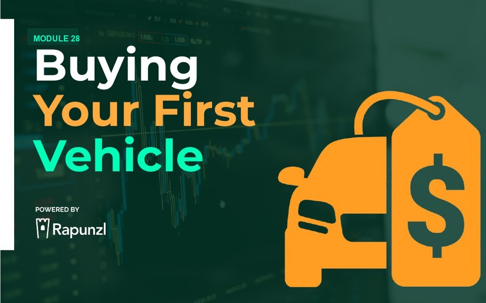 Buying Your First Vehicle cover graphic for the Rapunzl personal finance curriculum